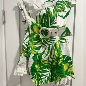 Olivaceous Green and White Tropical Strapless Romper with Belt